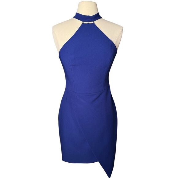 BCBGMAXAZRIA NEW Makenna Halter Dress Blue Asymmetrical Hem Size 8 Cocktail - Picture 2 of 11